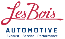 Logo for Les Bois Automotive, red script text over blue text: "AUTOMOTIVE". Tagline "Exhaust - Service - Performance".