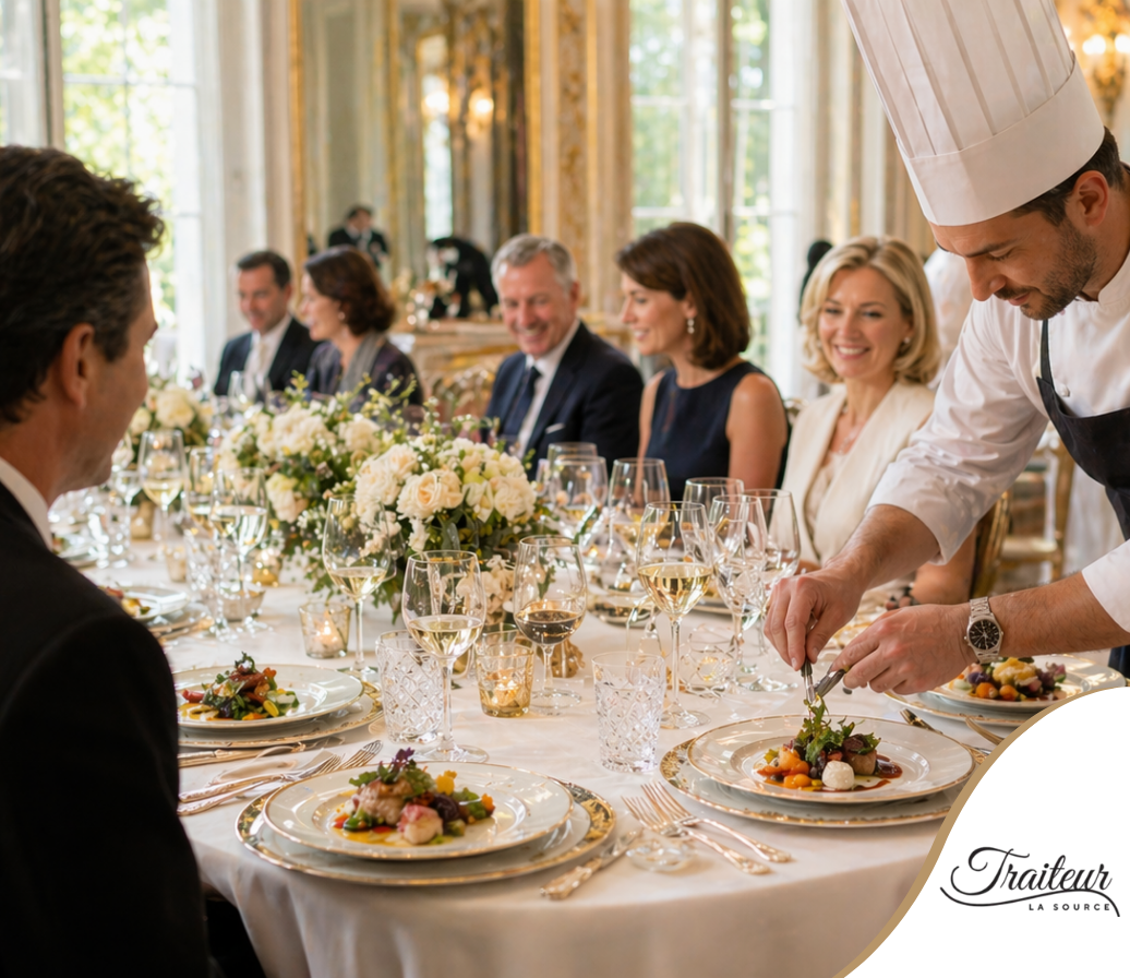 Table de banquet avec des invités attablés tandis qu'un chef sert un plat dans une salle à manger lumineuse