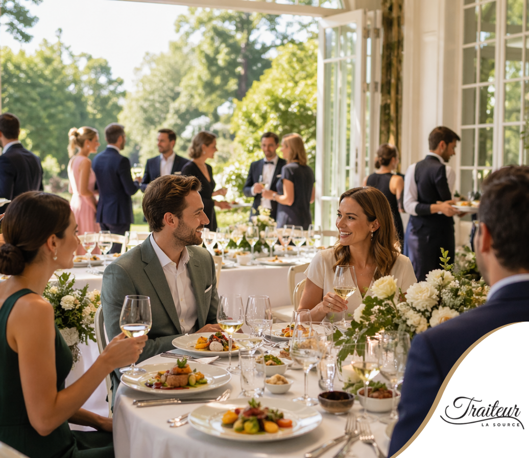 Dîner élégant dans un restaurant en plein air, les convives étant installés à une table sous une terrasse couverte.