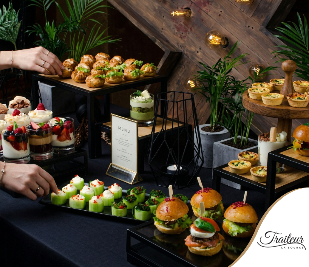 Un étalage traiteur présentant des petits sandwichs, des desserts et des amuse-bouche salés, avec des mains qui se tendent vers la nourriture sur une table sombre.