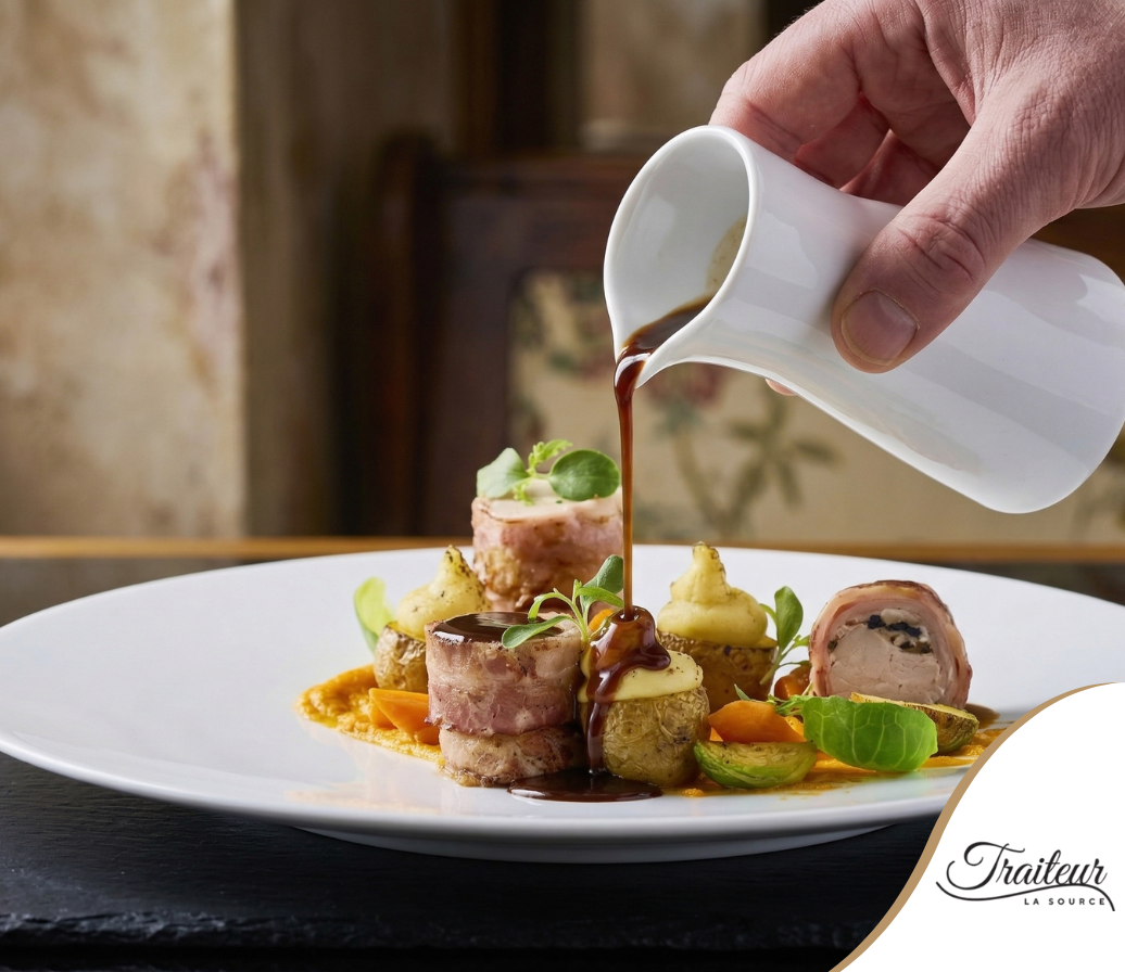A person pours dark sauce from a white pitcher onto a gourmet plate of wrapped meat rolls and vegetable garnishes.