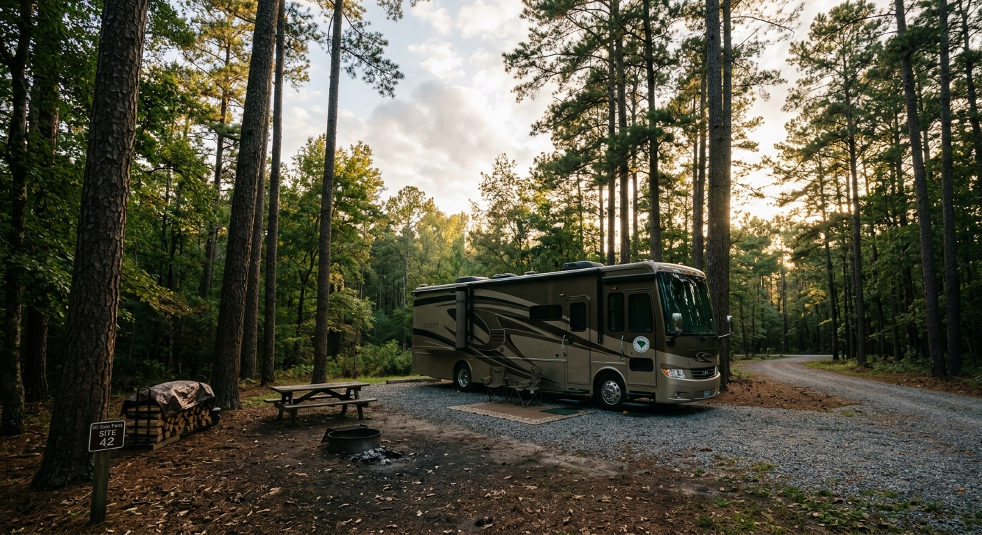 Large white Class A diesel pusher motorhome parked at a sunny South Carolina campground near the coast