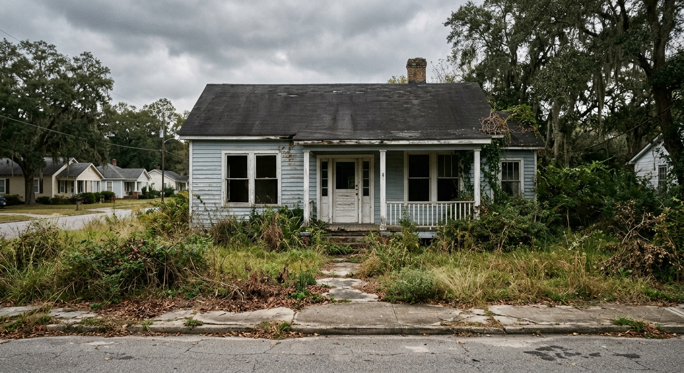 Empty coastal home with shuttered windows and overgrown lawn on a sunny South Carolina afternoon