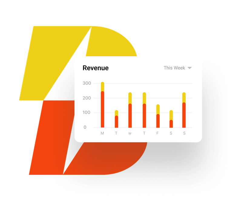 A yellow and orange logo with a graph on it.