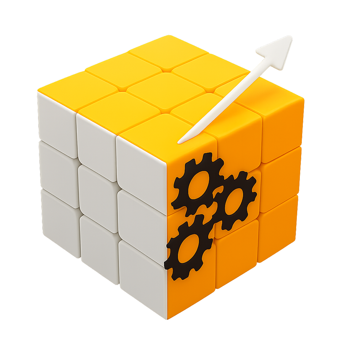 A yellow and white rubik 's cube with gears and an arrow pointing up