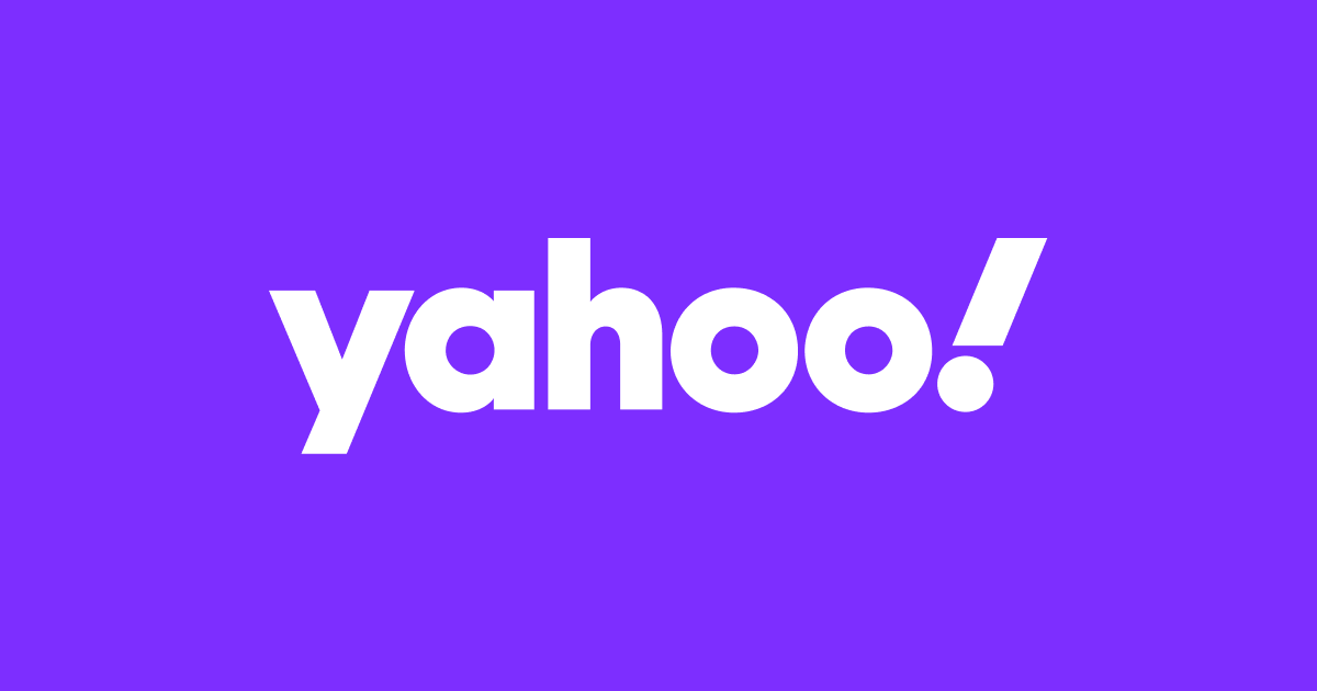 Yahoo! logo: white wordmark on purple background.