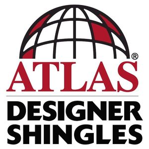 A logo for atlas designer shingles with a globe in the middle offered by Best Nest Roofing in Carrollton Ga