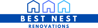 A blue and white logo for best nest renovations in Carrollton Ga