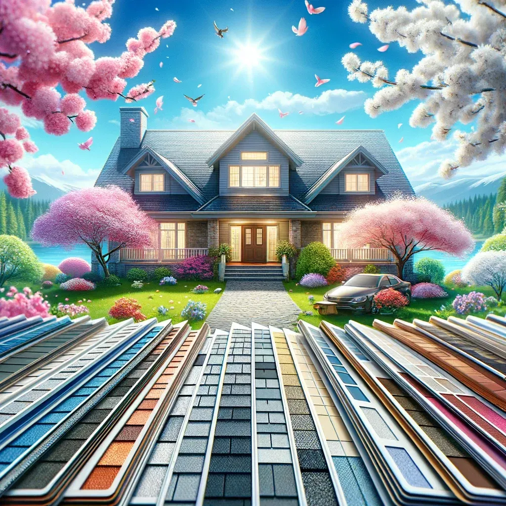 An illustration of a house with cherry blossoms in the background and a stack of bricks in front of it.