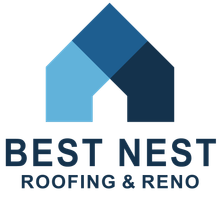 Logo: Blue house shape with