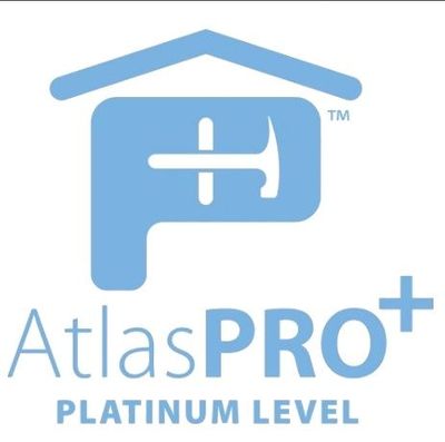 Light blue AtlasPRO+ logo: house shape with hammer inside, text 