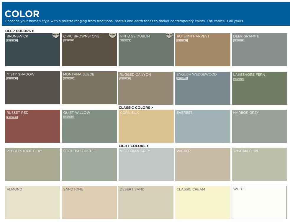 A color chart shows a variety of paint colors offered by Best Nest Roofing & Renovations in Carrollton Ga