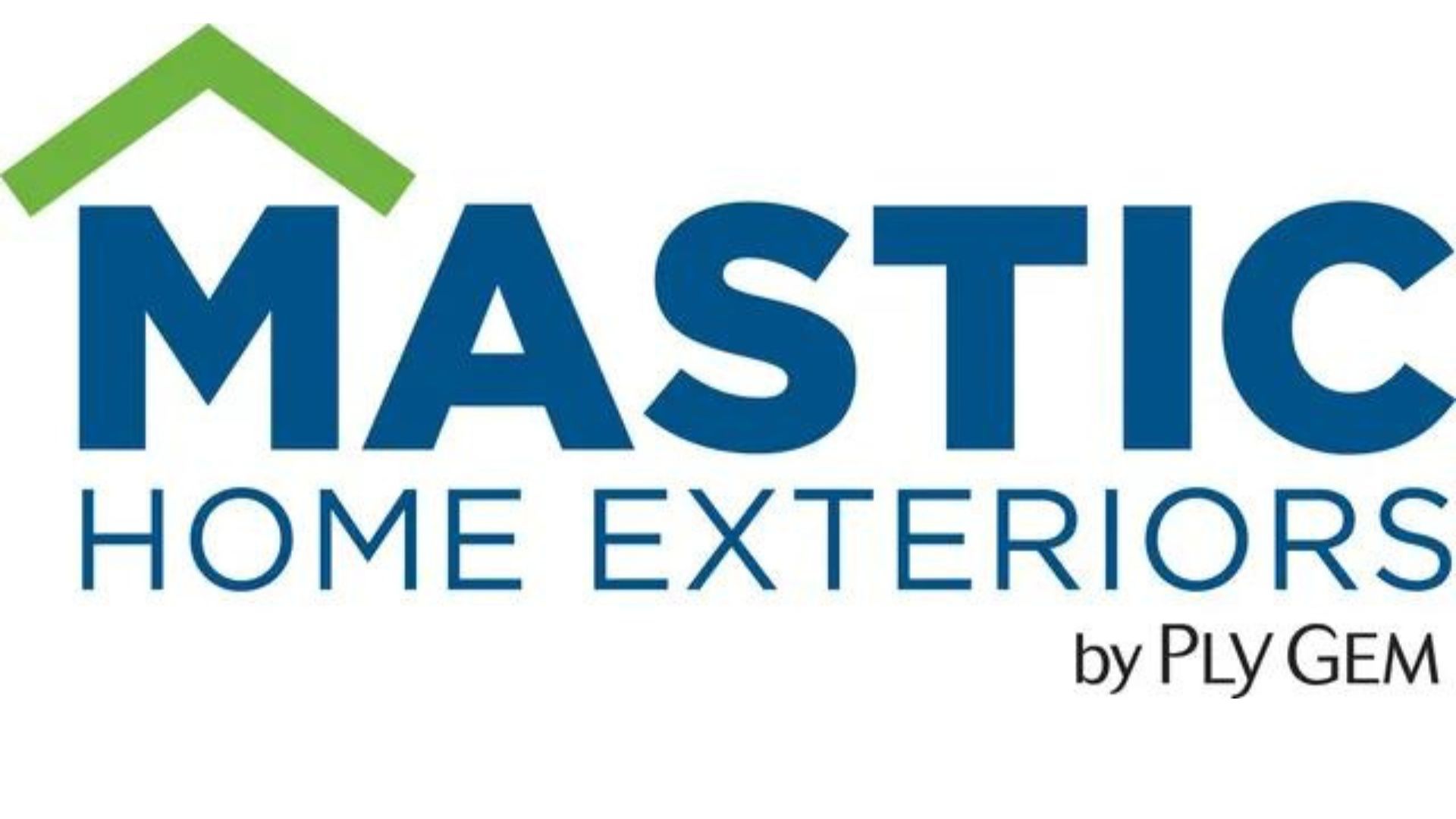 The logo for mastic home exteriors off by Best Nest Roofing & Renvations in Carrollton Ga by ply gem is blue and green.