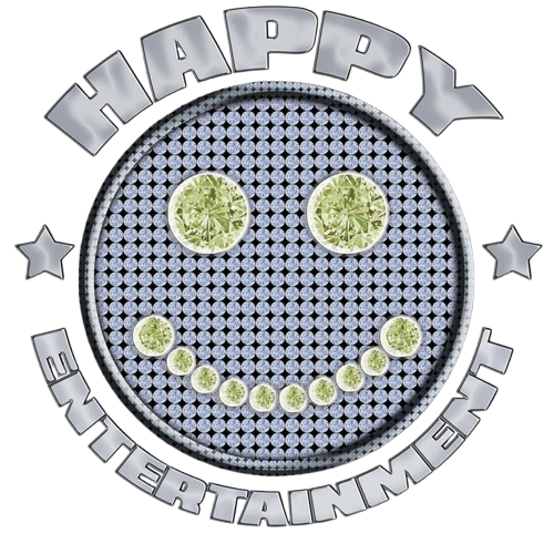 Happy Entertainment logo with smiley face made of green circles. Gray letters and stars.