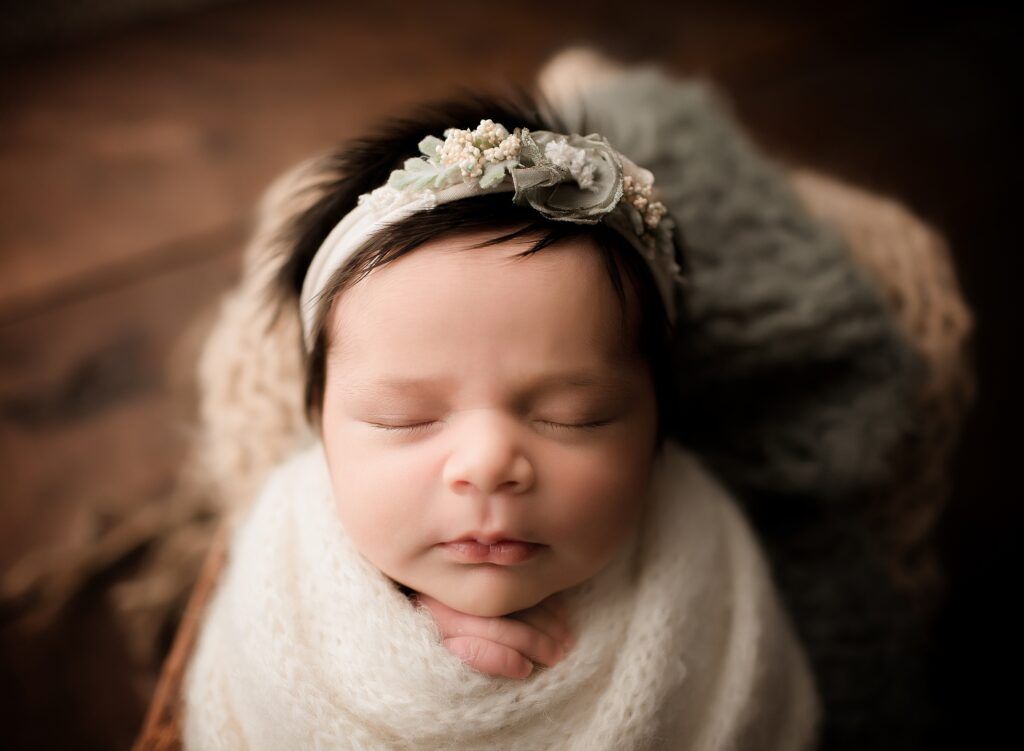 A newborn baby girl is wrapped in a white blanket and wearing a headband.