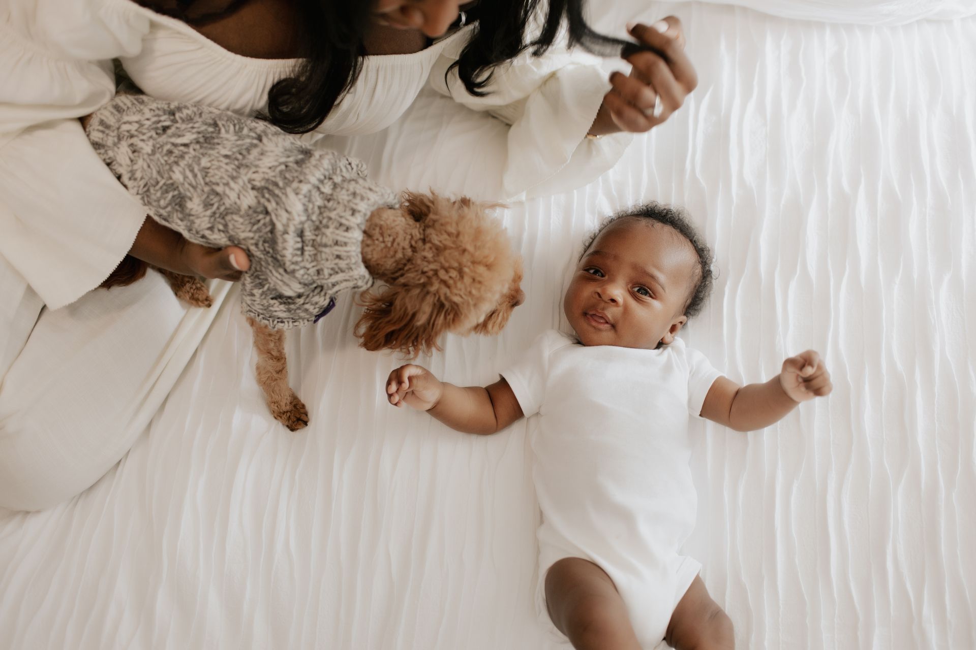 A woman is laying on a bed with a baby and a dog.