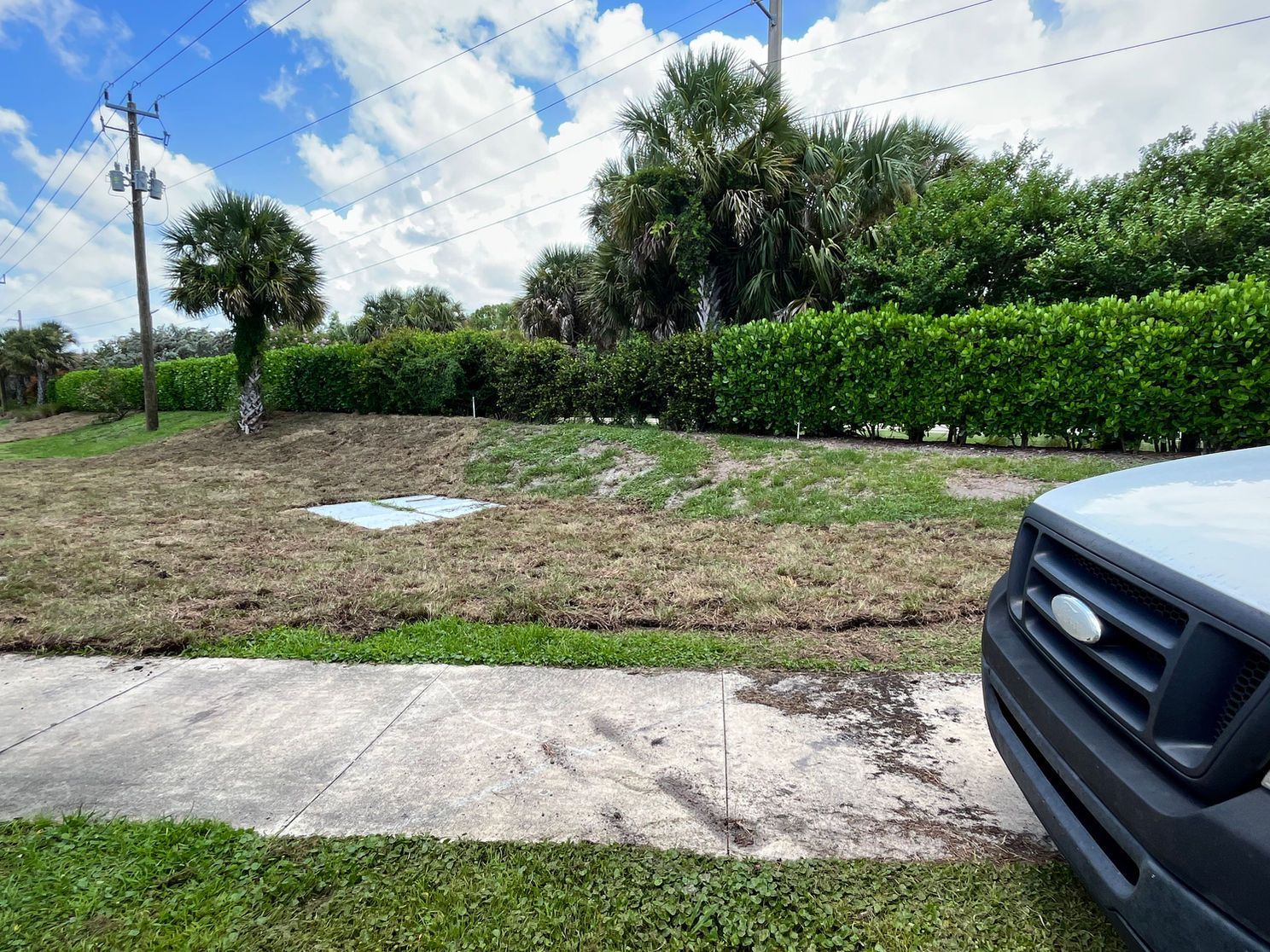 A ford van is parked in front of a grassy field.