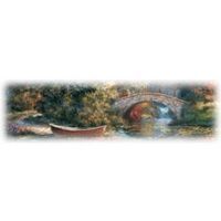 A rowboat sits near a stone bridge spanning a river, surrounded by trees with autumn colors.