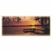 Sunset over calm water with a dock silhouetted; orange and purple hues.