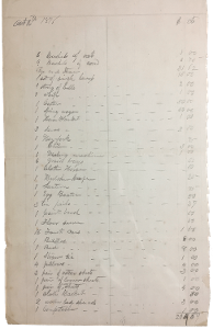 Handwritten grocery list with various items and prices.