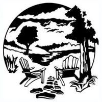 Two Adirondack chairs near a fire pit, overlooking a scenic lake view with trees, under a cloudy sky.