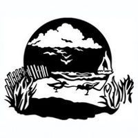 Beach scene silhouette with clouds, seagulls, sailboat, and shorebirds.