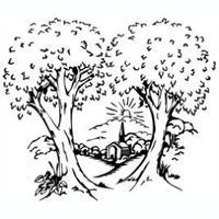 Two trees frame a landscape with a church, hills, and a rising sun.