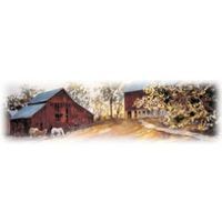 Red barns in a rural landscape, with trees and a white horse grazing.