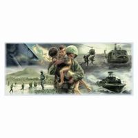 Soldier carrying children, helicopter and boat, war scene.