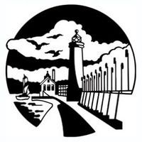 Black and white illustration of a lighthouse, buildings, and a pier on a waterfront, with clouds and seagulls.