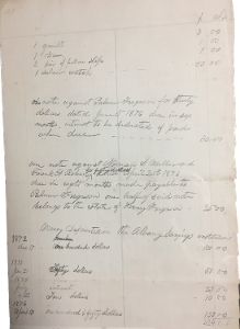 Handwritten list of financial transactions and notes on aged paper.
