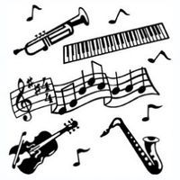 Musical instruments: trumpet, keyboard, sheet music, violin, saxophone, and musical notes.