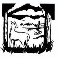 Deer overlooking a landscape with a building, trees, and mountains.