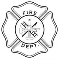 Fire Department emblem: Maltese cross with center circle containing firefighter helmet and tools.