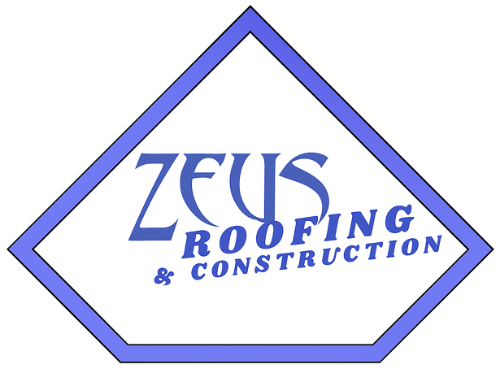 A blue and white logo for zeus roofing and construction