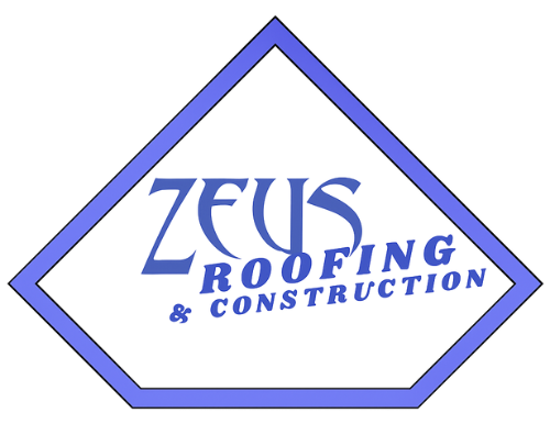 A blue and white logo for zeus roofing and construction