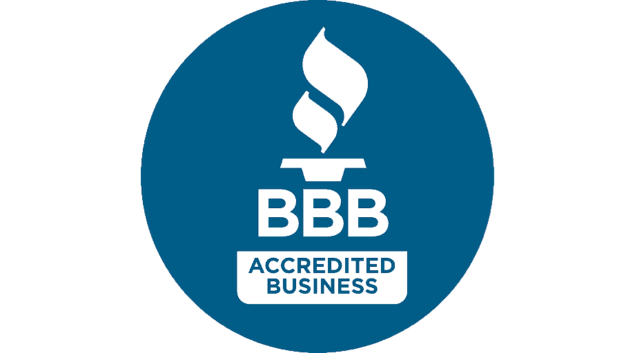A blue Better Business Bureau logo with a flame symbol and 