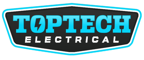 Logo for Toptech Electrical, featuring blue text and lightning bolt icon on black and cyan hexagon shape.