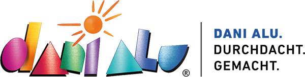 Ein farbenfrohes Dani Alu-Logo mit einer Sonne im Hintergrund