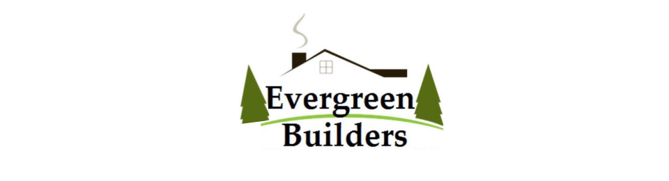 Logo for Evergreen Builders with a house, smoking chimney, and two green evergreen trees on a curved line.
