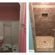 Before and after renovation comparison showing a basic white shower unit replaced with a tiled walk-in shower.