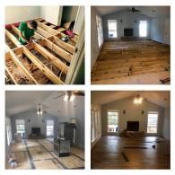 Four panels show a room's floor renovation process, from exposed joists to finished hardwood installation.