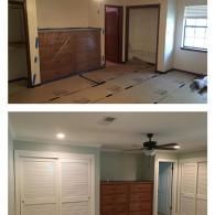 Before and after view of a bedroom renovation showing updated closets, new paint, and a ceiling fan installation.