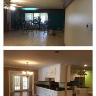 Before and after photos of a residential interior, showing an open kitchen remodel with white cabinets and new lighting.
