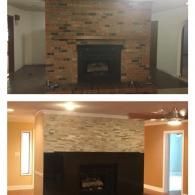 Before and after view of a living room fireplace, showing a renovation from dark brick to light stacked stone.