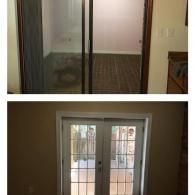 Before and after photos showing a sliding glass door being replaced by a white double door with window panes.