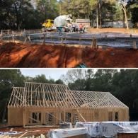 A two-part image showing a concrete foundation being poured, followed by a wooden frame of a new house under construction.