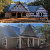 A side-by-side comparison of a house under construction showing the exterior sheathing and the finished light-gray siding.