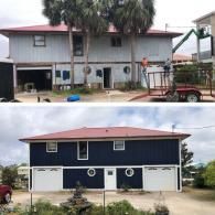 Before-and-after view of a house exterior renovation, showing a light-colored home repainted in dark blue with new trim.