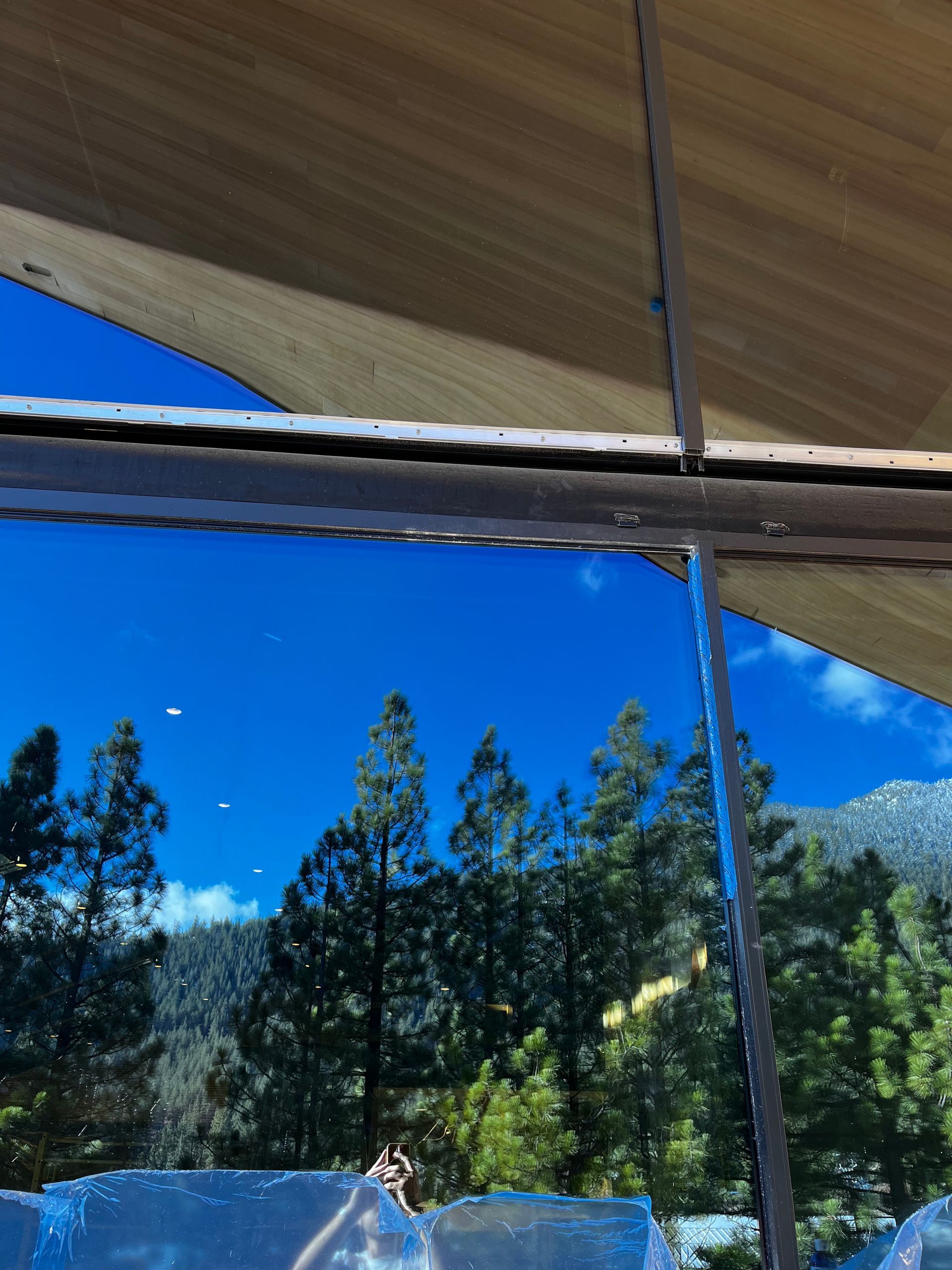 View through a window of trees, blue sky, and snow-capped mountains.